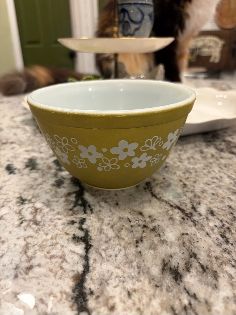 Vintage Pyrex Olive Green Floral Ceramic Bowl